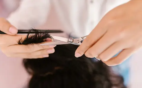 Hands cutting a section of dark hair with silver scissors