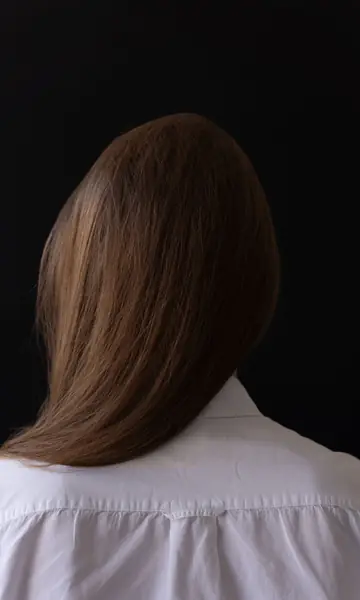 Long straight brown hair with a warm bronze shine, seen from behind